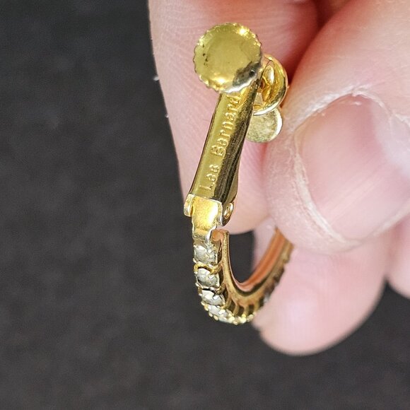 Vintage Les Bernard Goldtone Hoop Rhinestone Earrings Clipon Prong Set Screwback - Picture 2 of 7